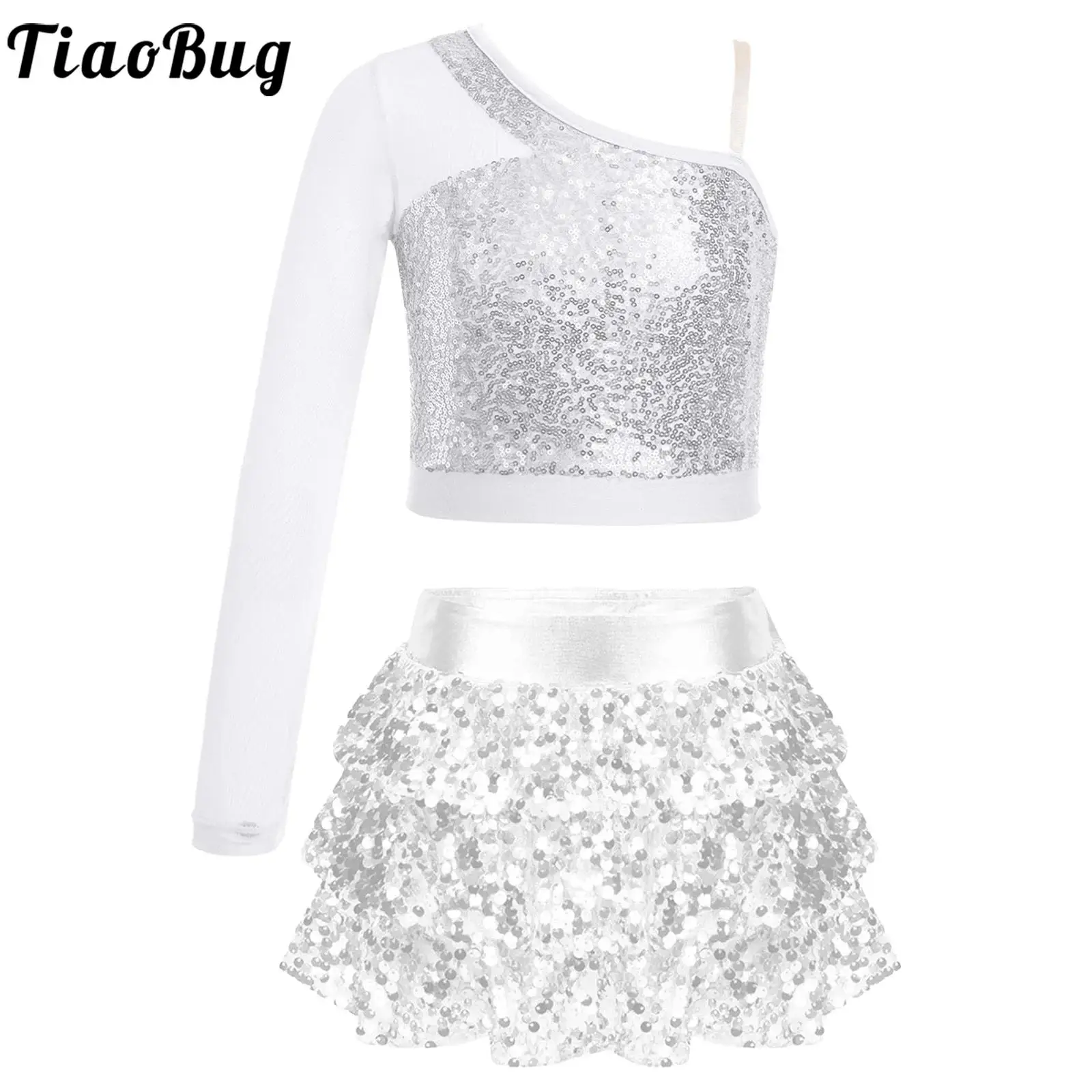 Kids Girls Jazz Dance Costume Cheerleading Stage Performance Dancewear One Shoulder Shiny Sequins Crop Top with Ruffle Skirt