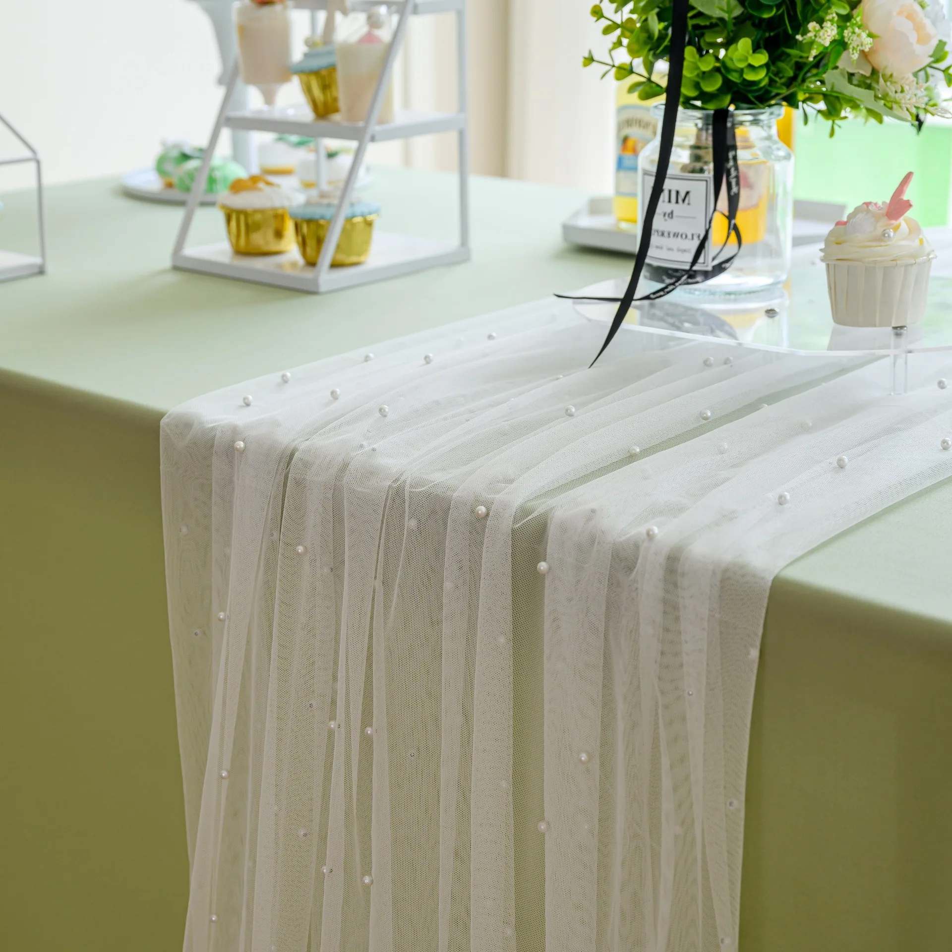 

Table Decoration White Pearl Tulle Table Runner Wedding Arch Sheer Drapes for Party Baby Shower Birthday Backdrop DIY Design