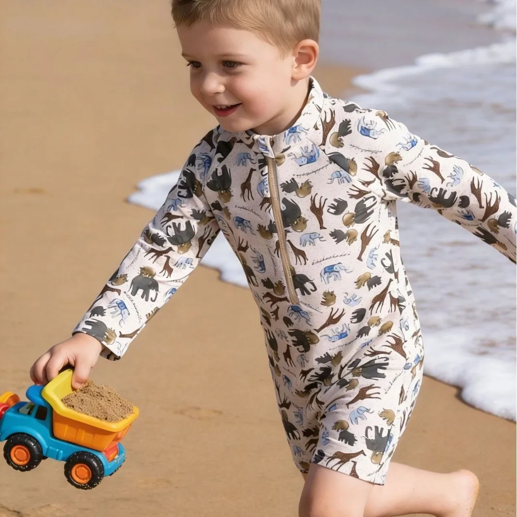 Summer Boys One-piece Swimsuit Kids Long Sleeve Cute Cartoon Animal Print Sun-protective Quick-Dry Swimwear Baby Bathing Costume