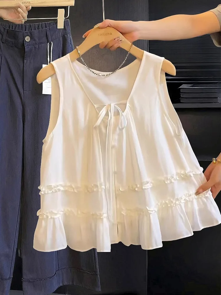 

Emily Clud Recommended Knot T Top Women's Summer irt without Sves with Lace Hem V-neline Pure Color