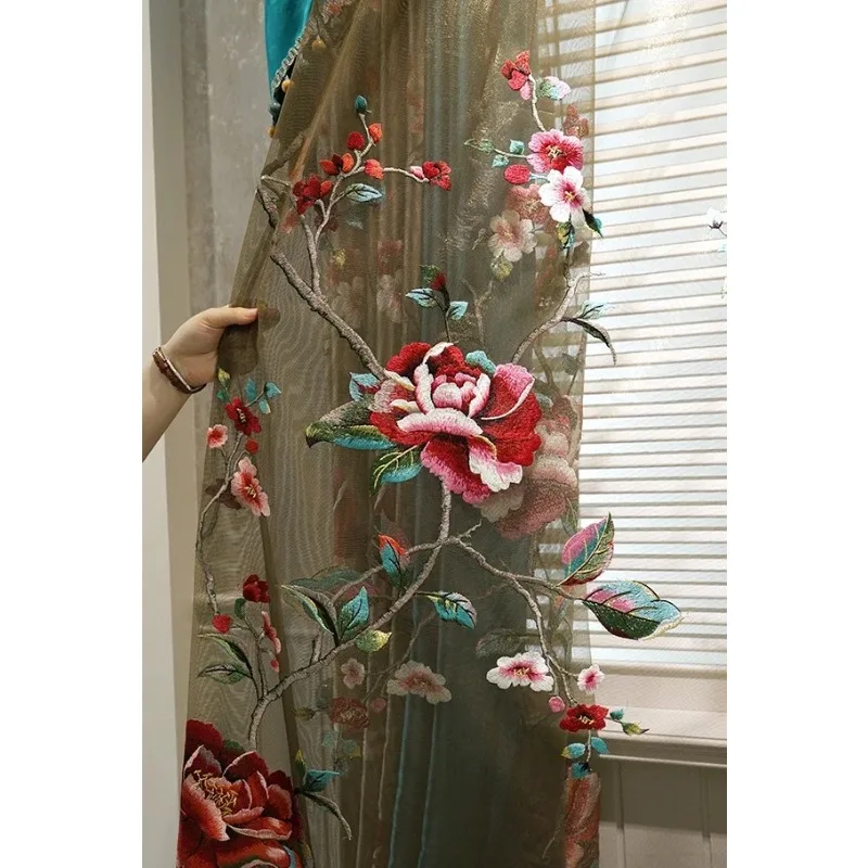 

Новая китайская вышитая тюлевая занавеска с пионами, на заказ, цвета шампань, для декора дома, гостиной, столовой, спальни