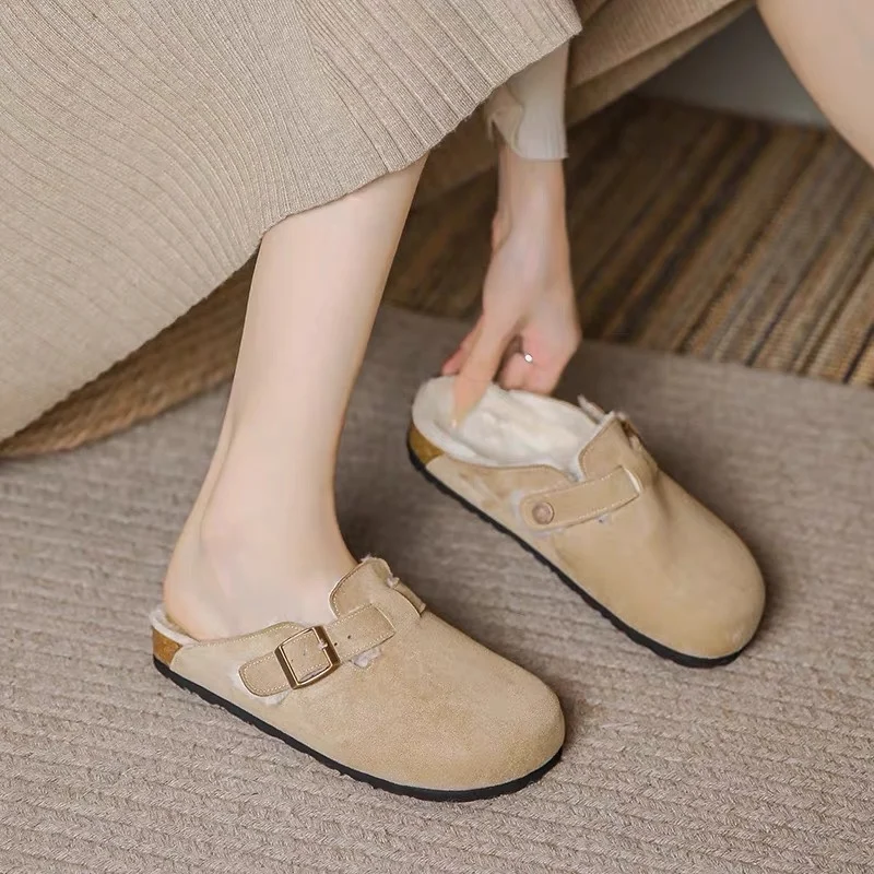 

New Women's Slippers Autumn Winter Leather Round Toe Slippers Couple Slippers Outdoor Casual Keep Warm Women Suede Slides Shoes