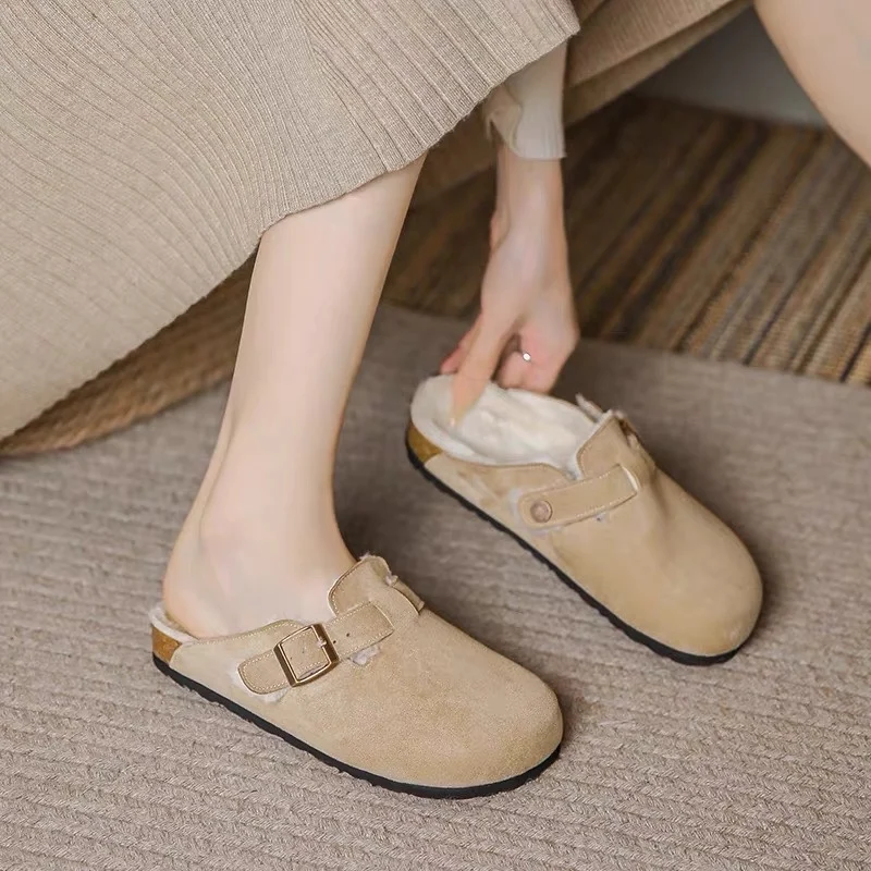 New Women's Slippers Autumn Winter Leather Round Toe Slippers Couple Slippers Outdoor Casual Keep Warm Women Suede Slides Shoes