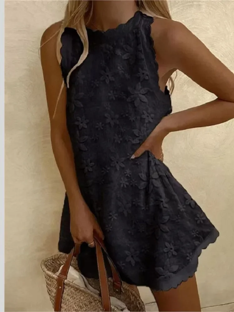 Casual White Lace Mi Dress Women Summer  Fashion Sleeveless Loose Chic Short Party Vacation Dresses Elegant Vestidos