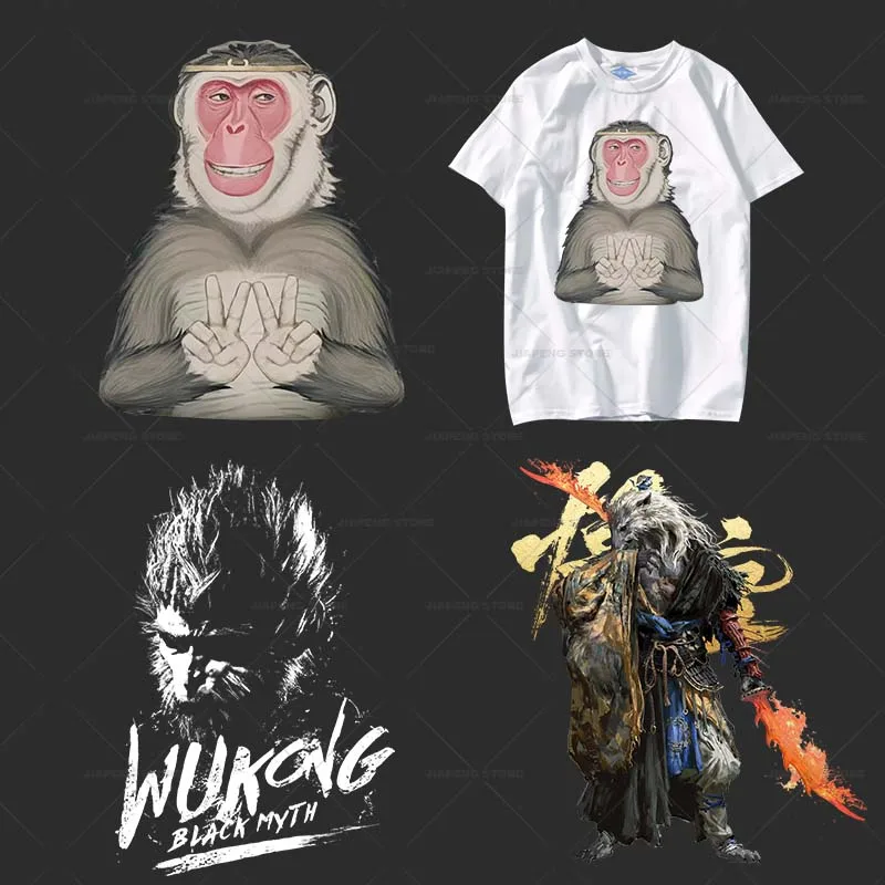 Wukong Patches Iron On Transfers for Clothes Monkey King Heat Transfer Vinyl Sticker for T-shirt Printed Applique DIY