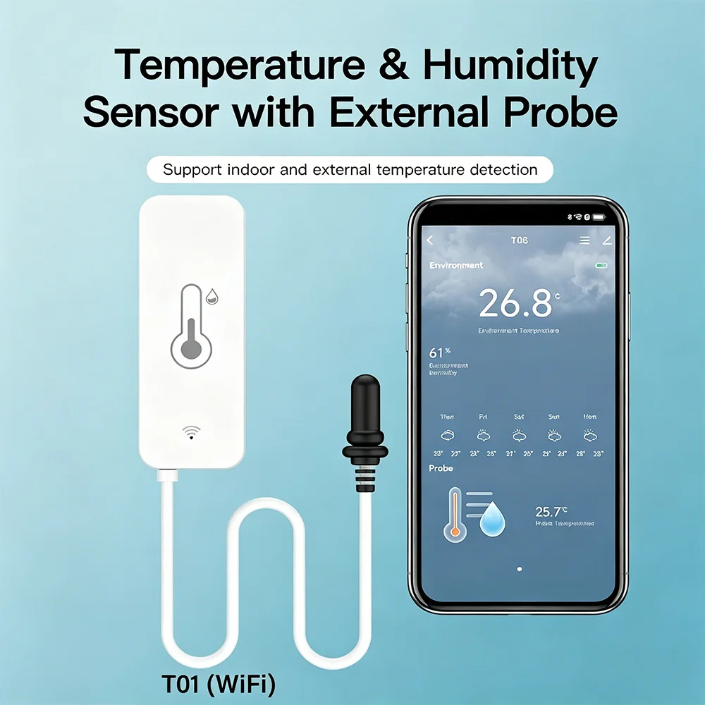 Tuya WiFi Temperature Humidity Sensor with External Probe Hygrometer APP Remote Control Work with Yandex SmartLife Alexa