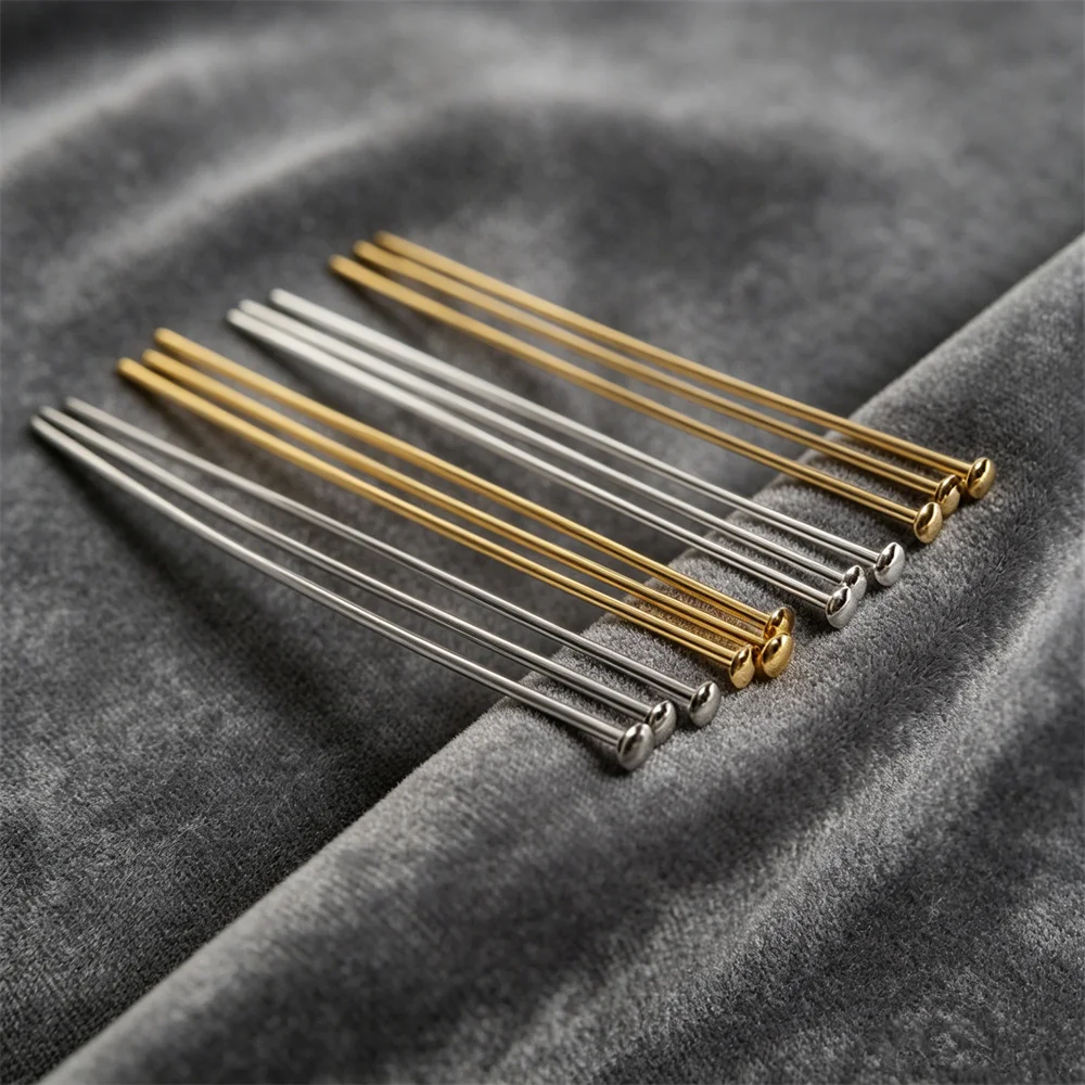 Alfileres de cabeza plana chapados en oro de 14K, alfileres de cobre de oro real de 18K de media caña para fabricación de joyas DIY, pendientes y abalorios