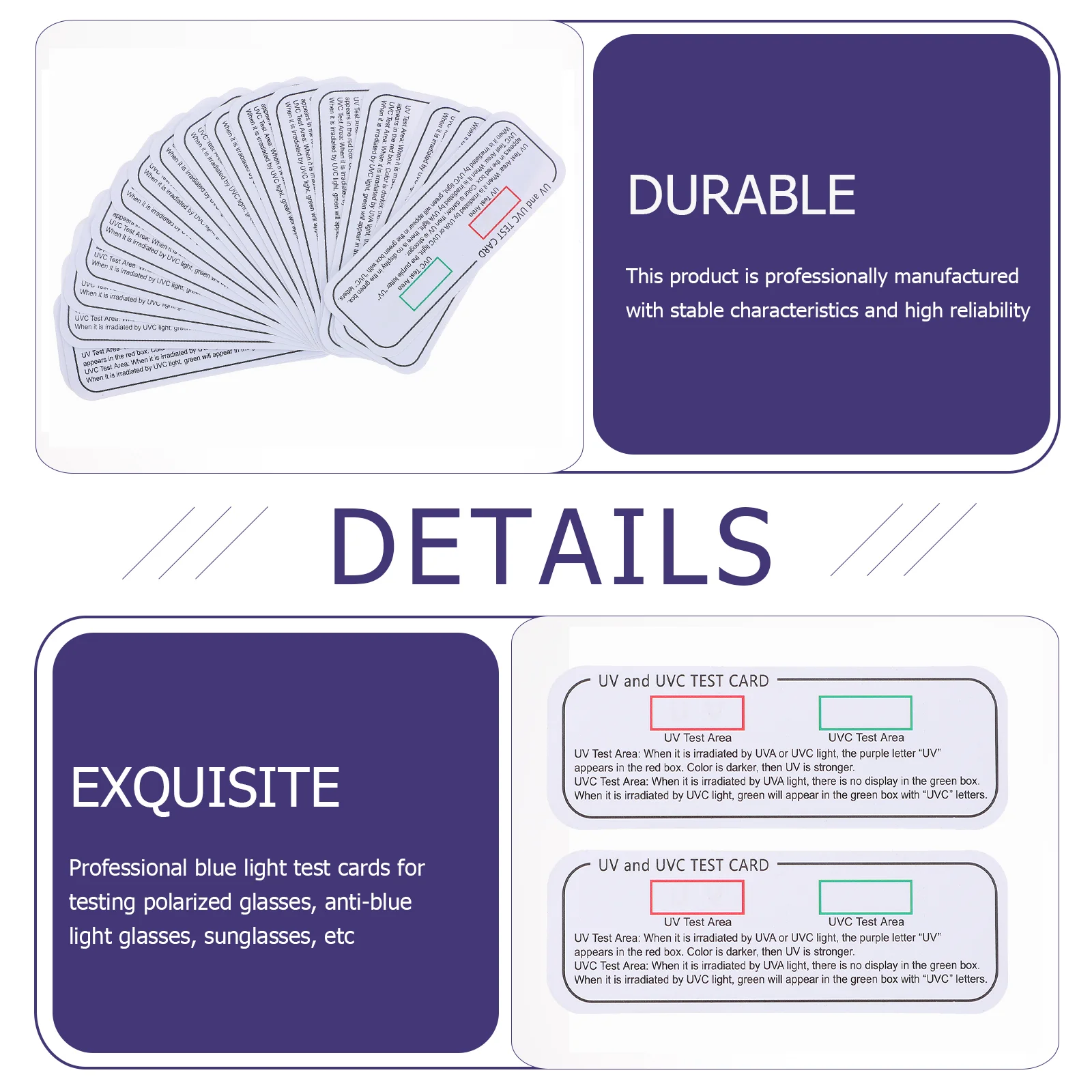 20 Pcs UV Test Card Test Papers Lâmpada UV Reutilizável Light Effect Tester Pvc UVC Test Cards
