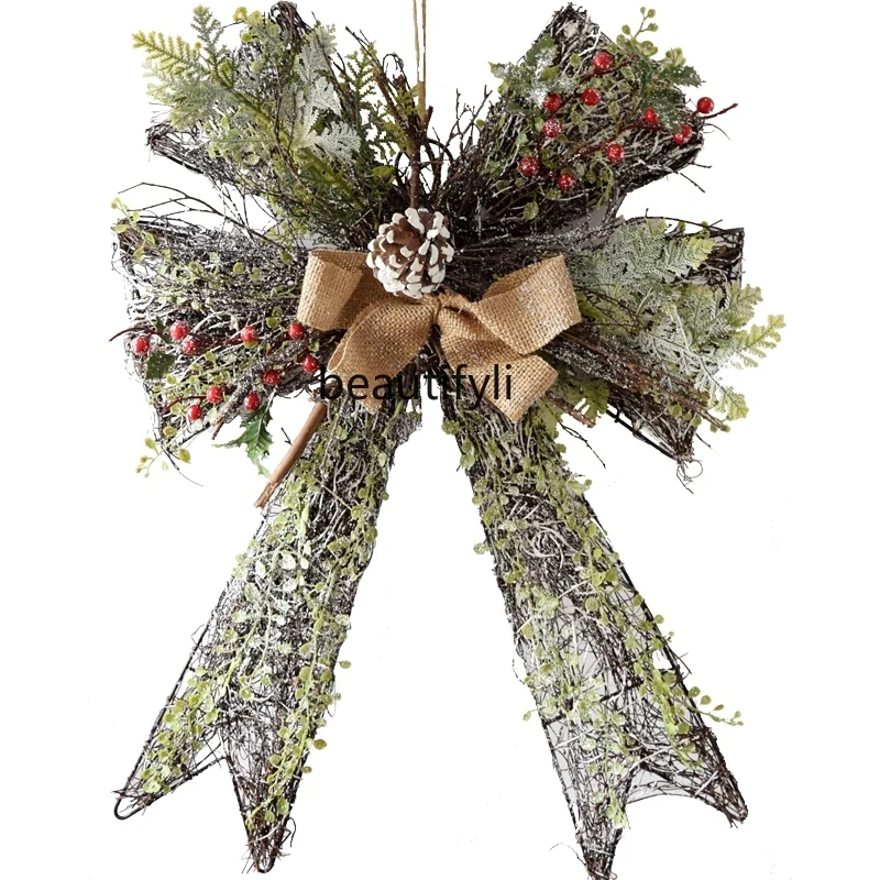 Bow decoration wrought iron wall hanging wall creative wreath decoration simulated leaf pine cone hanging