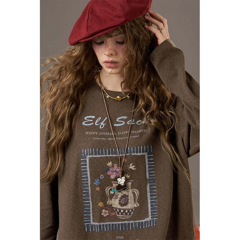 

ELFSACK 2025, осенние новые поступления Y2K, повседневная мягкая толстовка с круглым вырезом и рукавами реглан в стиле ретро для женщин