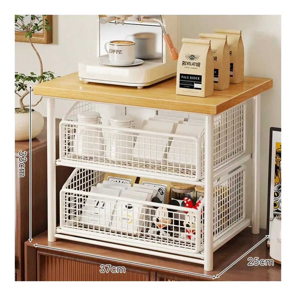 Solid Hardwood & Metal Double Layer Drawer-Type Countertop Organizer, Multi-Functional Vertical Storage Shelf For Coffee Bar Layout, Practical Household Storage Box To Store Coffee Mugs, Seasoning Spices, Tableware view 5