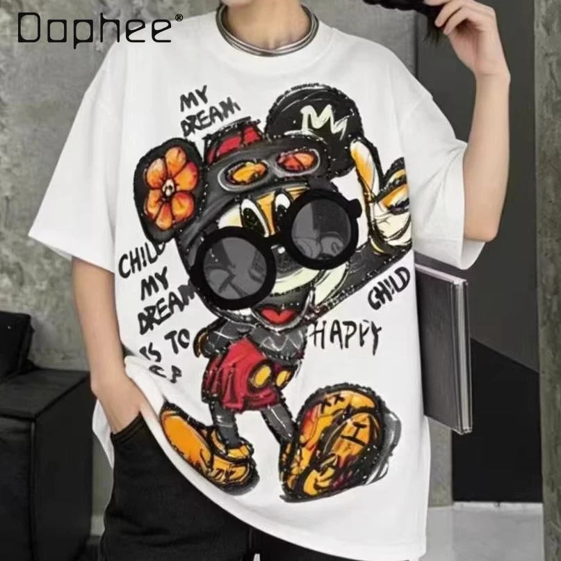 

European Cartoon T-shirt Women 2026 Summer New Pattern Letter Printing Heavy Industry Sequined Round Neck Loose Short Sleeve Tee