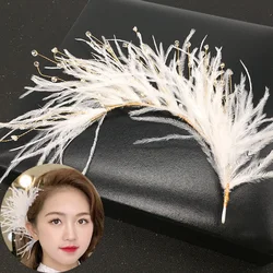 Women Girls Fashion White Feather Beaded Pageant Hair Band Girl Summer Style Hair Accessories Wedding Prom Party Headband