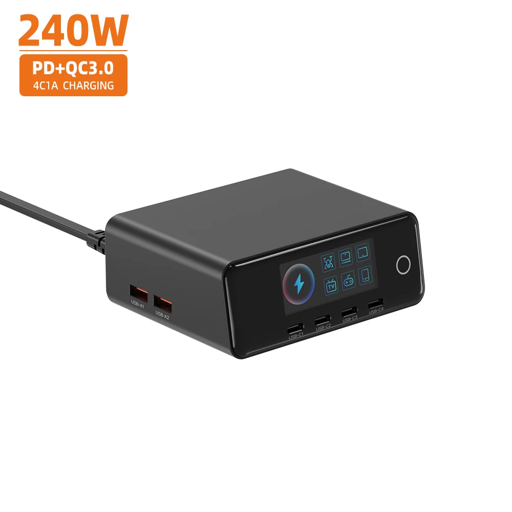240W 100W Desktop Charger 4C2A 6 Ports PD QC3.0 With Display Fast Charger for iPhone 15 Pro Max 5G Smartphone