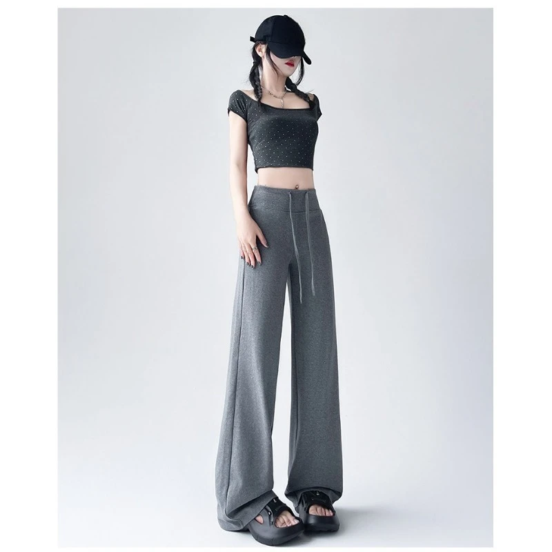 New Spring Autumn women air cotton casual pants drawstring style slimming high-waisted sporty straight leg drape wide-leg pants