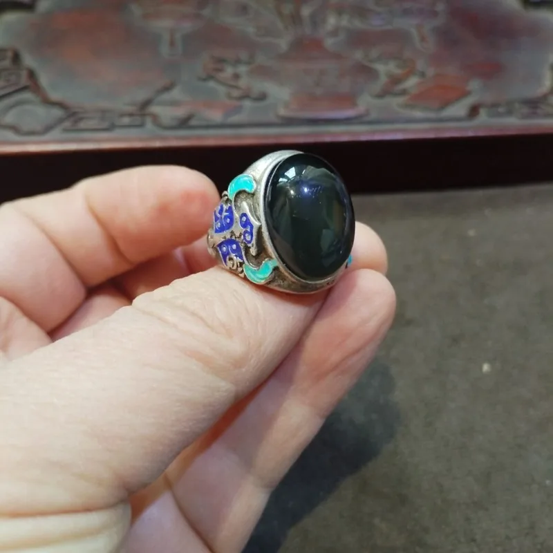 Retro Blue Cyan Enamel Metal Band Ring Large Round Dark Simulated Gem Inlay Antique Oriental Male Daily Wear Accessory