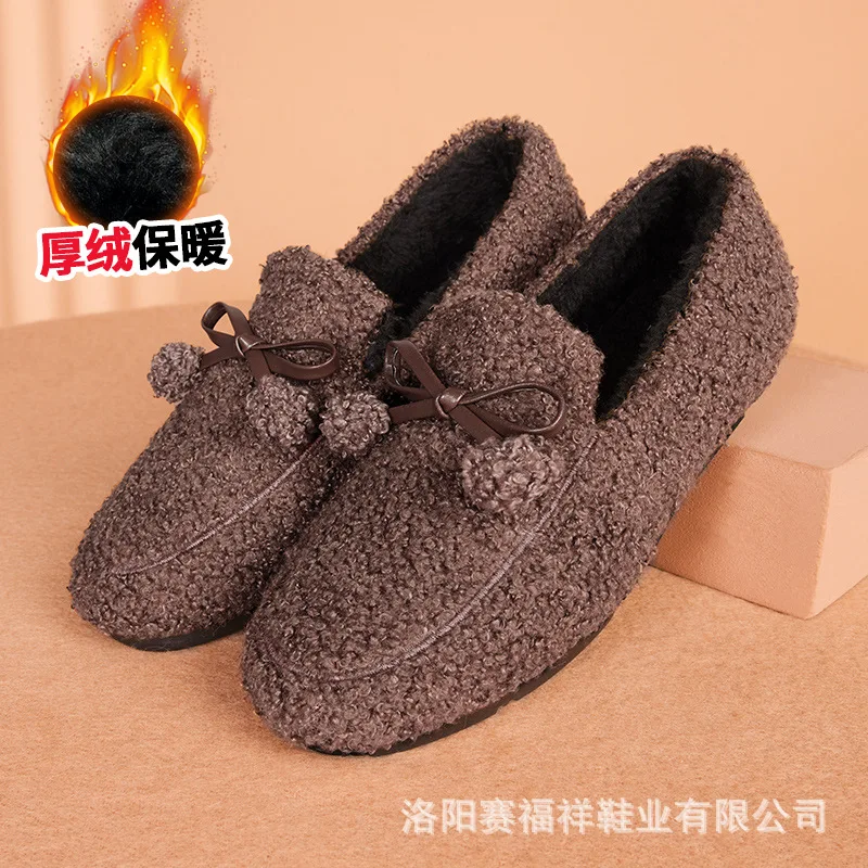 Slip-On Loafers Shoes for Women In Winter Plush Thickened Warm Shoes for Middle-Aged Elderly Mothers Lightweight Falt Footwear