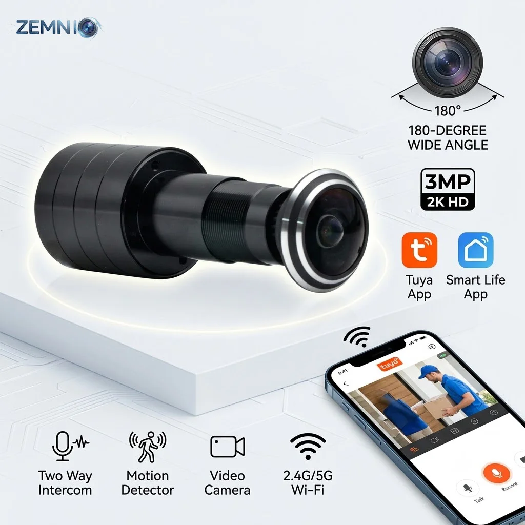 3MP 2K WiFi Peephole Camera,180° Smart Door Viewer, Tuya Smartlife,5G/2.4G Wifi,Motion Detection,Two-Way Audio,TF Card 32-128GB