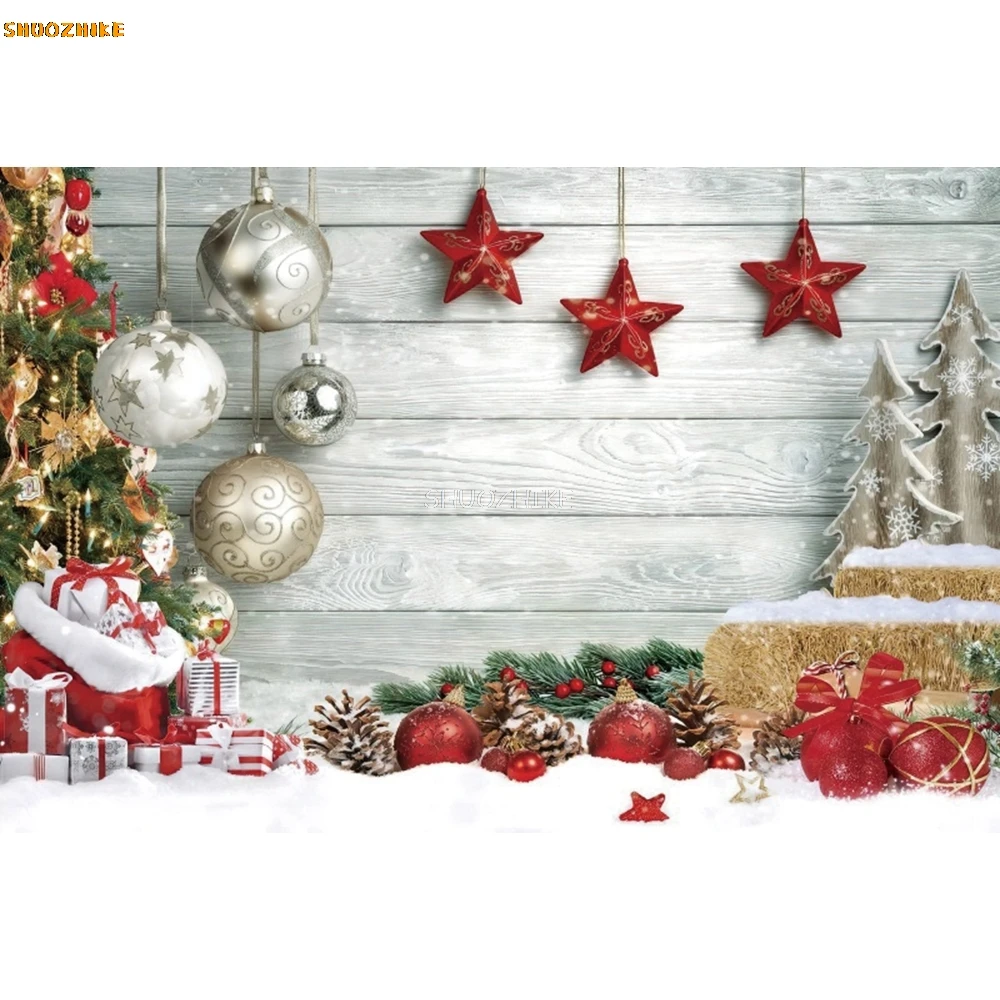 Sfondo natalizio con tavola di legno, albero di Natale, campanelli regalo, parete in legno rustico, fiocco di neve, festa in famiglia, sfondo fotografico per bambini