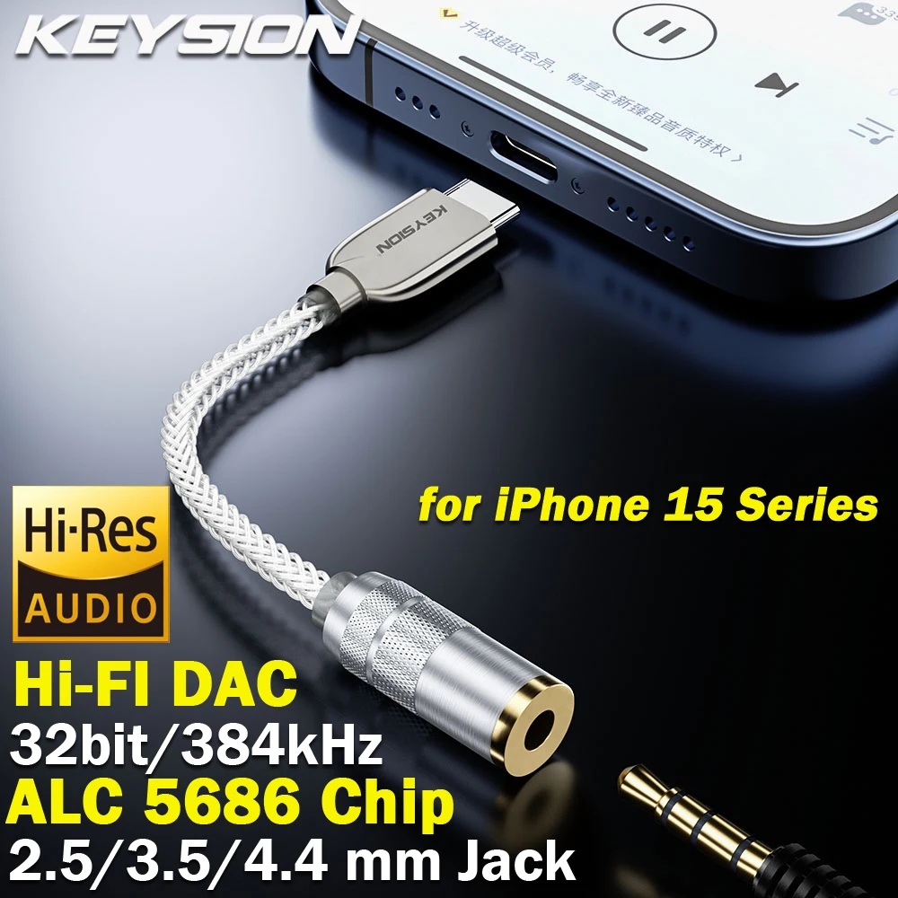 KEYSION DAC Earphone Decoder USB Type C to 3.5mm/2.5/4.4mm Hi-Fi Digital Audio Headphone Amplifier Adapter for iPhone 15 Pro Max