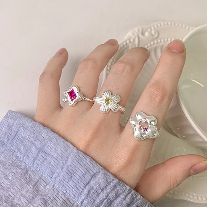 

S925 sterling silver women's ring zircon flower European and American popular fashion jewelry party accessories