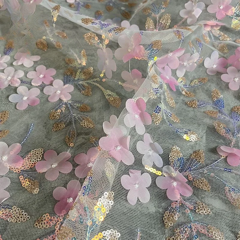 Pink Three-dimensional Flower Embroidery Mesh Fabric Sequin Embroidery Dress Cheongsam Dress Clothing Designer Fabric