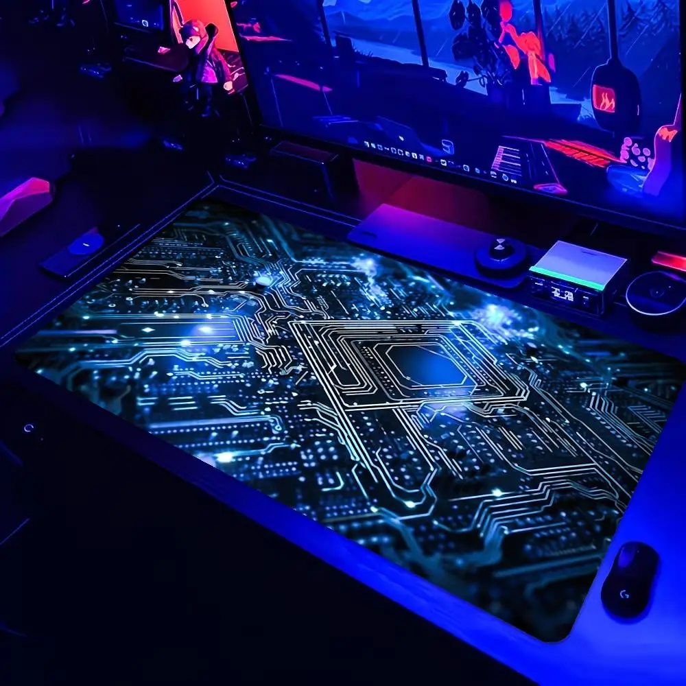 Large Gaming Mouse Pad Futuristic Tech Circuit Board Neon Chip XXL Non-Slip Rubber Keyboard Deskmat Electronic Office Table Mat