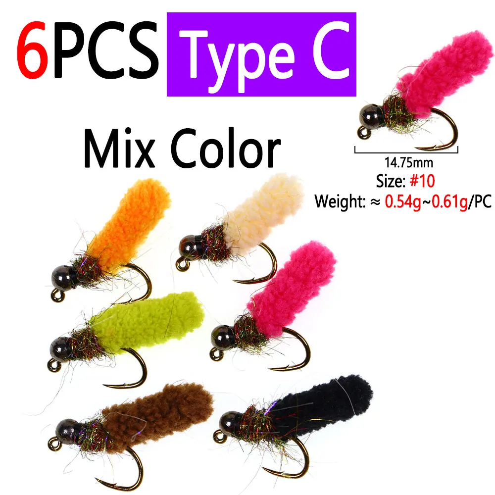 Bimoo 6 Stück Messing-/Wolfram-Kugelkopf-Mop-Fliegen, künstliche Kranichfliegen, Caddis-Larven, Nass-Jig-Nymphenfliegen für Forellen- und Fischgrälfischerei