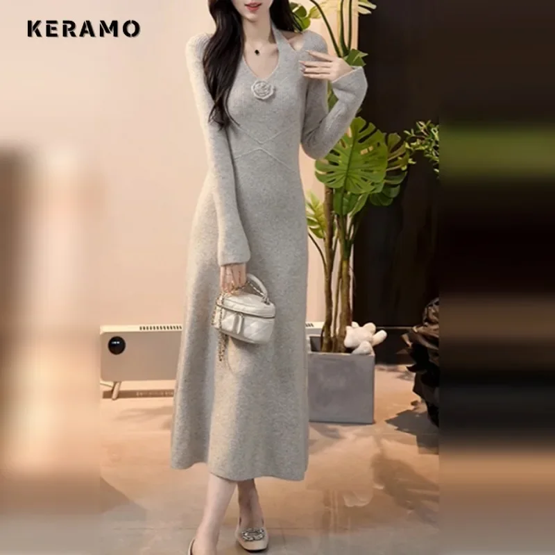 2025 الربيع الإناث كلوبوير عالية الخصر سليم صالح فستان أسود المرأة مثير كم طويل الخامس الرقبة الأزهار يزين غمد فساتين متوسطة الطول