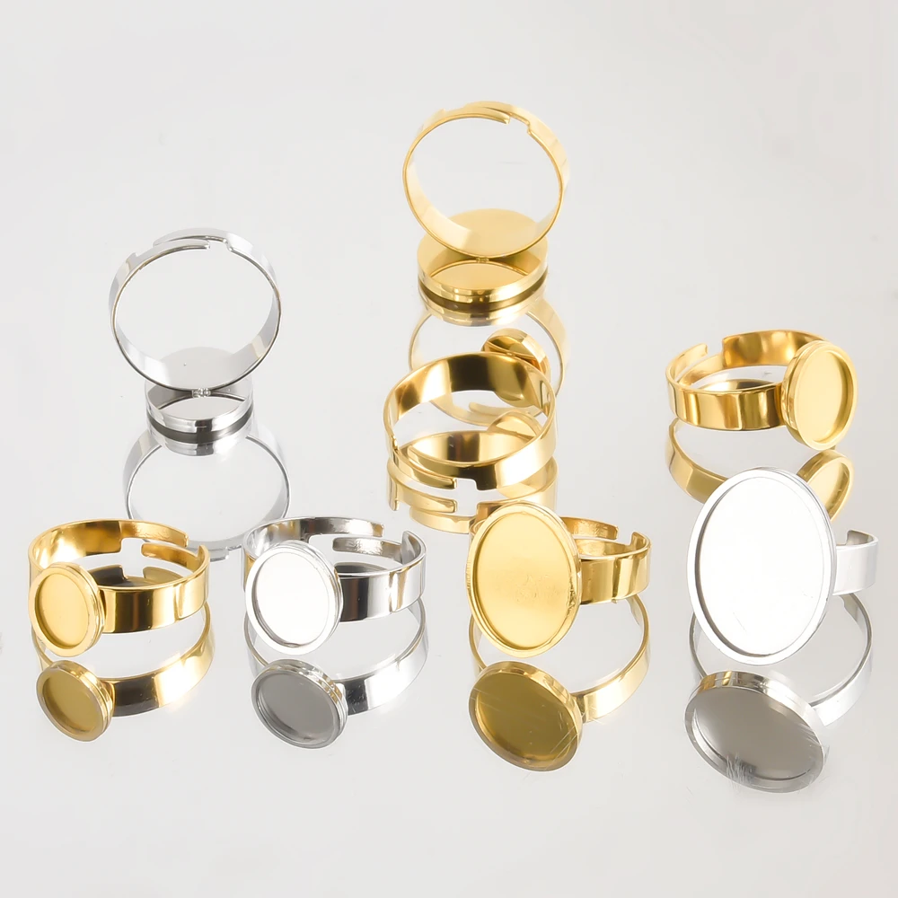 الذهب الحقيقي مطلي 10/12/16/20 مللي متر حلقة بيضاوية فارغة كابوشون قاعدة إعدادات لا تتلاشى الفولاذ المقاوم للصدأ خواتم للنساء الرجال صنع المجوهرات