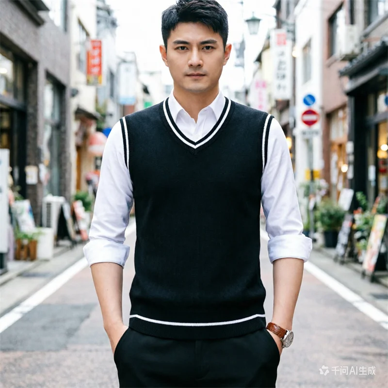 

New Arrival: Men's Casual Sleeveless Knit Top Solid Colour V-Neck Contemporary Knit Vest European Sizes: XS-2XL