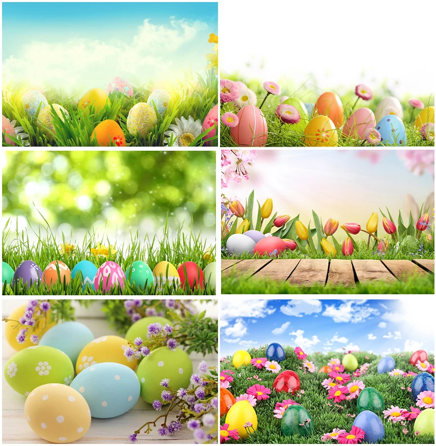 

Colorful Easter Eggs Green Grass Backdrops Photography Sunshine Blue Sky Flowers Decor Baby Portrait Banner Backgrounds Studio