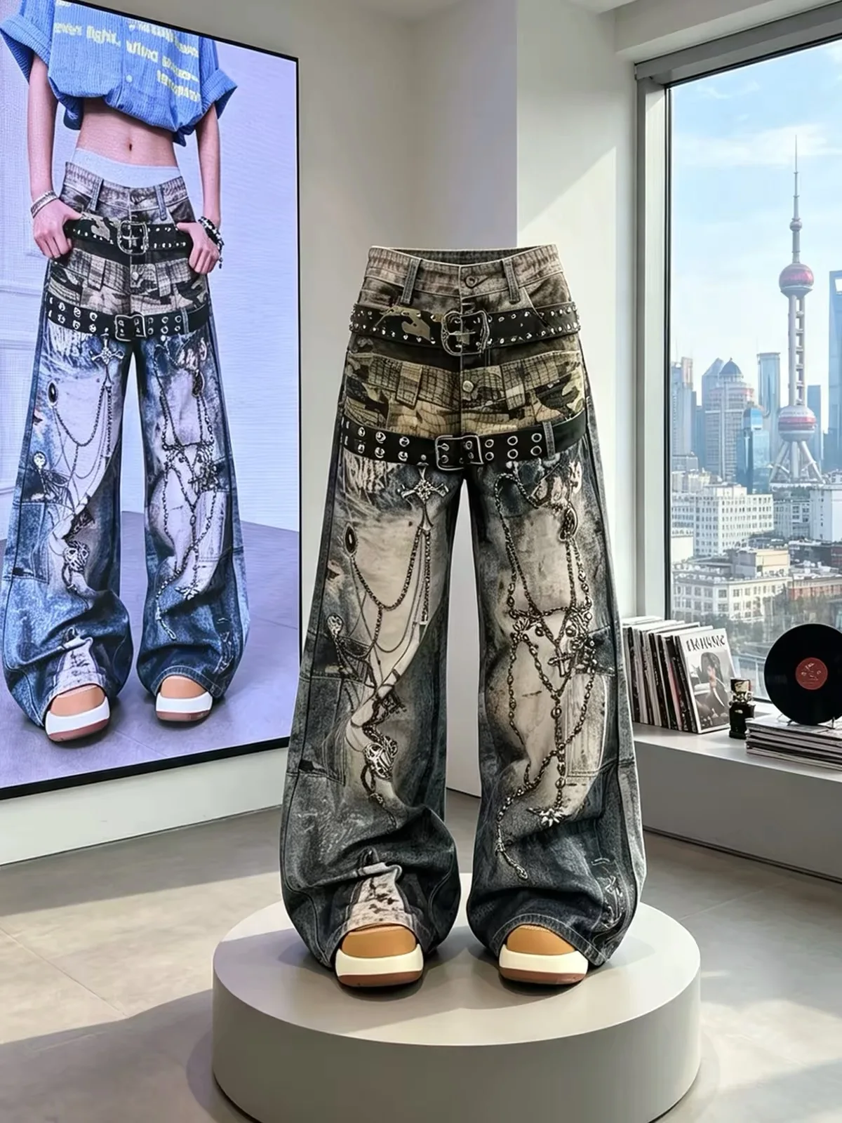 American High Street Style Digital Print Wide Leg Pants Women's Loose Fit Drapey Hip Hop Trendy Long Trousers