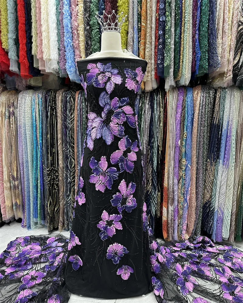 

Роскошная кружевная ткань с блестками, африканская кружевная ткань, 5 ярдов, высокое качество, кружевная вышитая бисером кружевная ткань для шитья платья