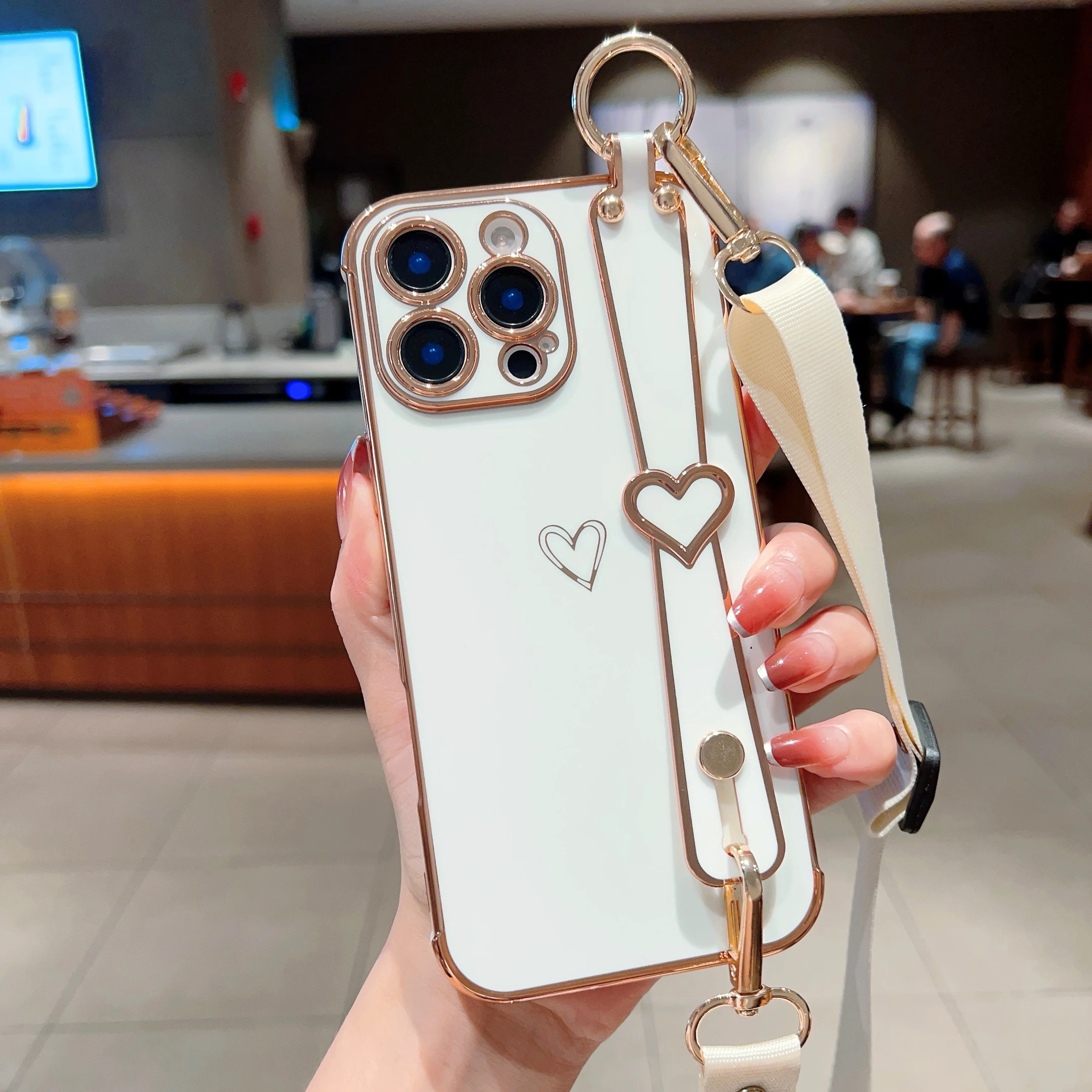 

Love Heart Wristband Lanyard Case For iPhone 16 16E 15 14 Plus 13 12 Mini 11 Pro Max Electroplated Silicone Soft TPU Cover