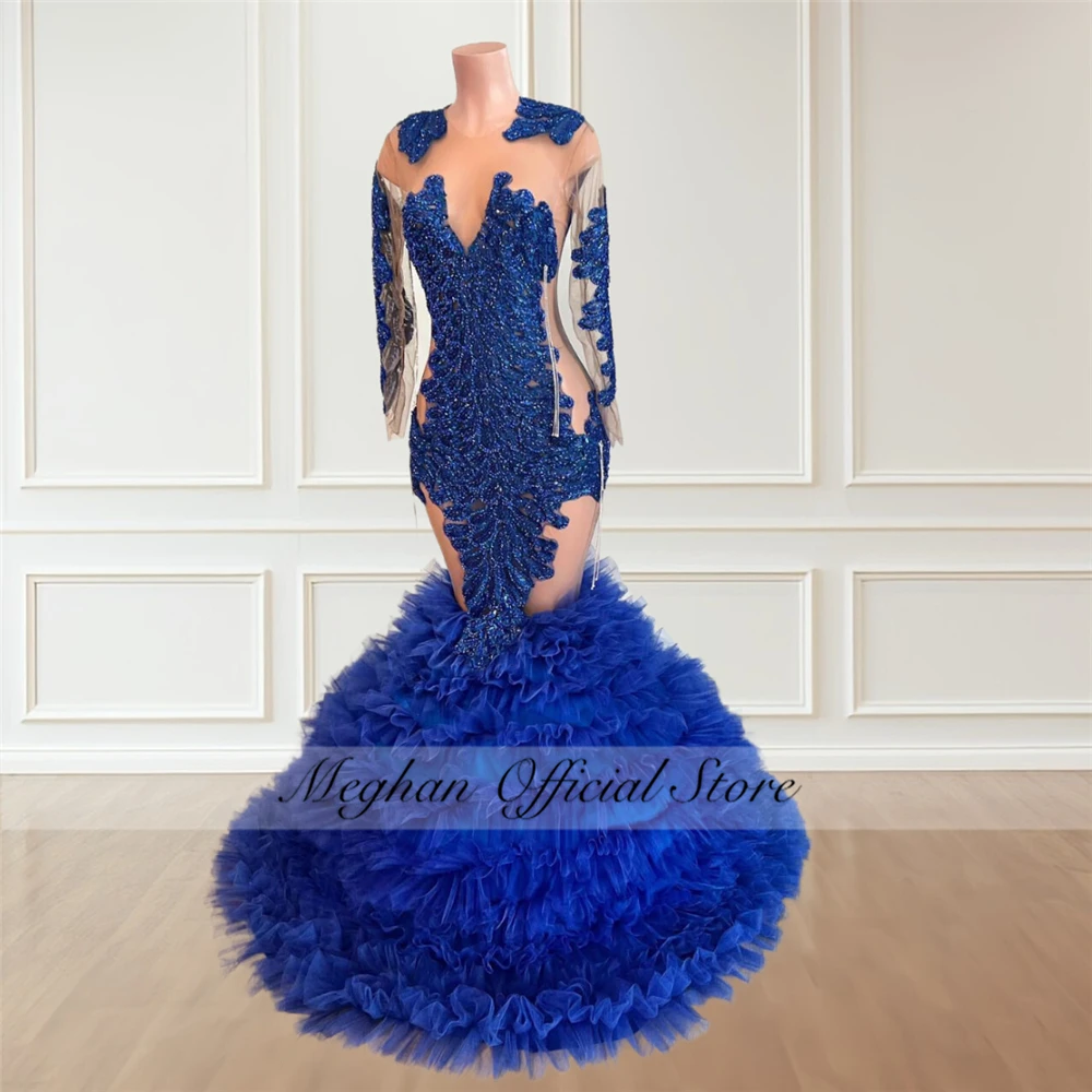 

Luxury Royal Blue Crystal Diamond Long Prom Dresses Black Girls Sparkly Mermaid Style Beaded Appliques Ruffle Evening Gowns 2024