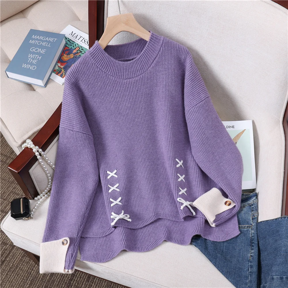 Casual Solid Christmas Sweater Women's Autumn Winter Sweet Cross Strap Lace Up Bow Design Knit Tops Drop Shoulder Loose Pullover