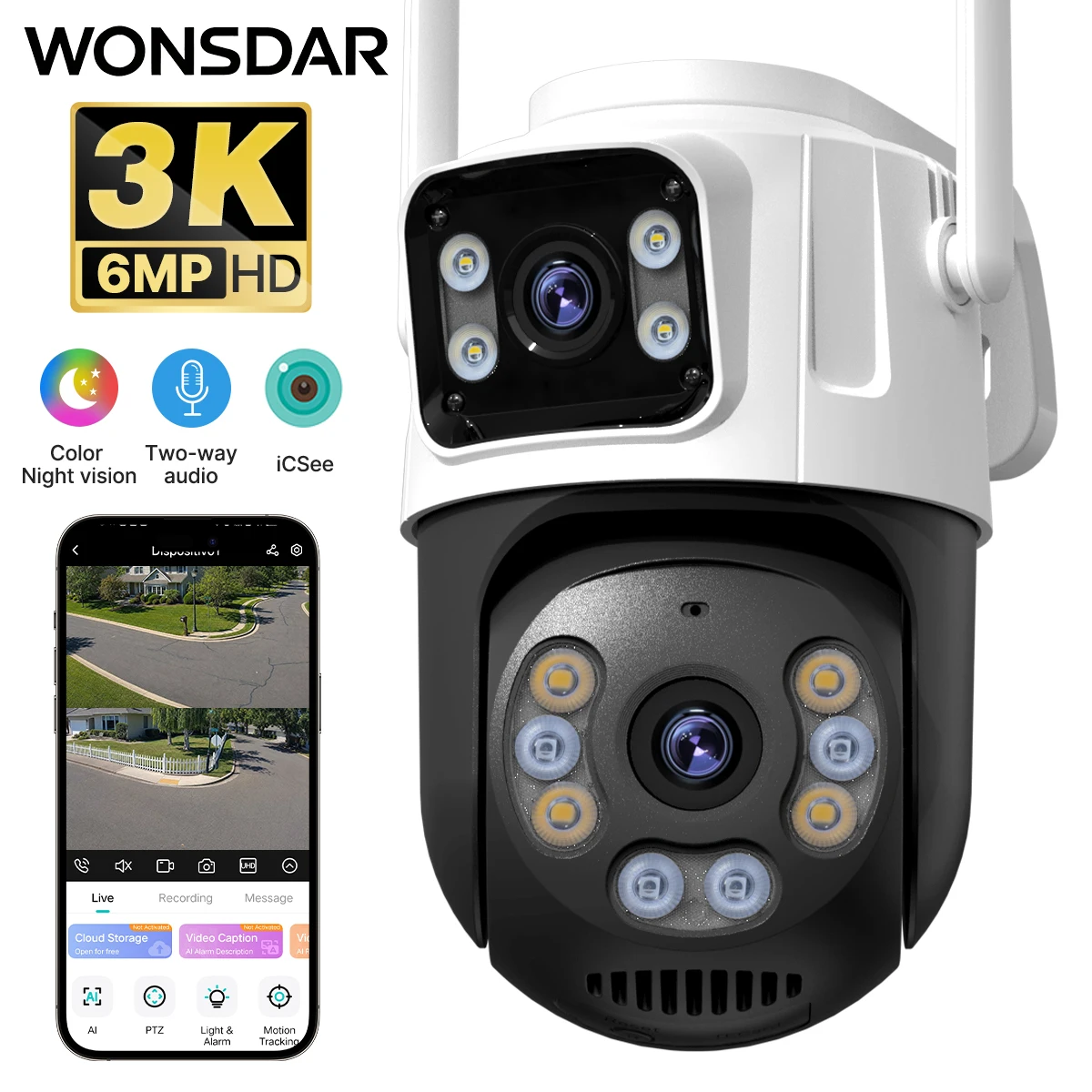 WONSDAR 6MP PTZ Outdoor Wireless Camera IP HD Dual Lens Auto Tracking Camera CCTV Video Surveillance Security Camera ICsee