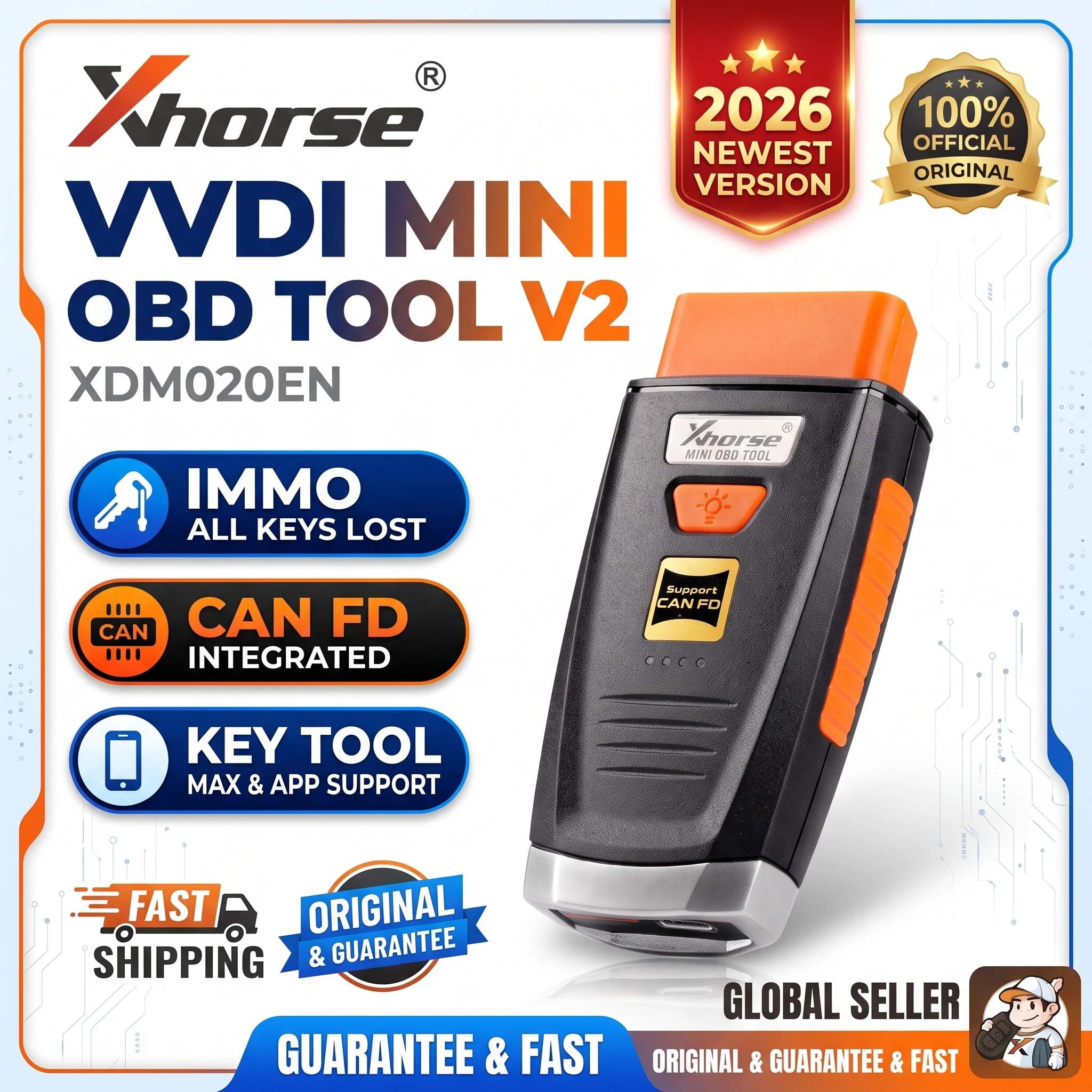 Xhorse VVDI Mini OBD Tool V2 XDMO20EN Wireless Key Programmer OBD2 Scanner IMMO All Keys Lost CAN FD for Key Tool Max Xhorse App