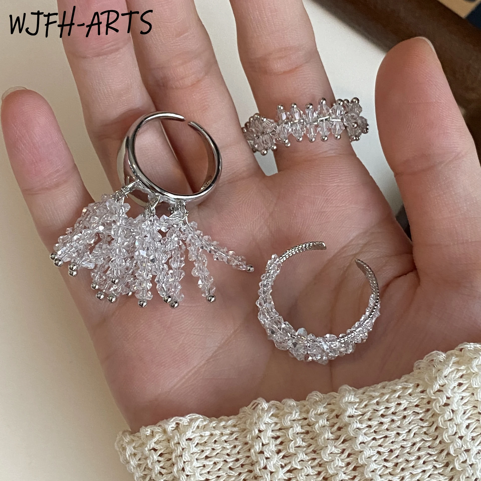 WJFH-ARTS Transparent Crystal Beads Series Tassel Ring Women Light Luxury Industrial Style Multi-Layer Open Rings Jewelry Gifts