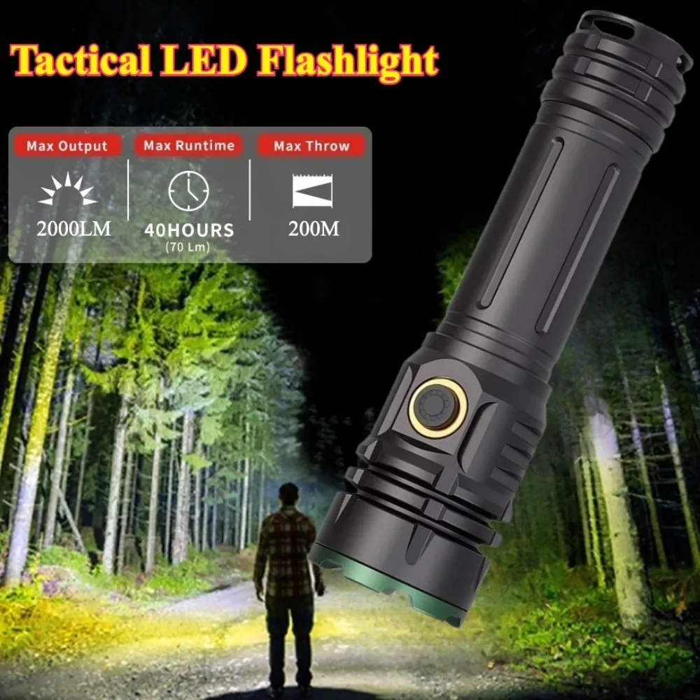 Linterna LED Súper Brillante de 2000LM, Linterna Recargable de Largo Alcance, Lámpara Táctica de Mano para Acampar al Aire Libre