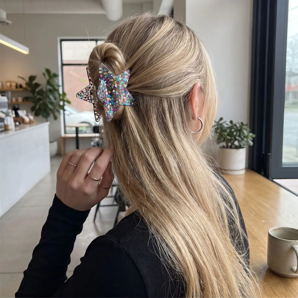 Sweet Y2K Star Hair Claw Spicy Girls Geometric Large Shark Clip Shiny Sequins Korean Style Hair Wear Women Hair Accessories