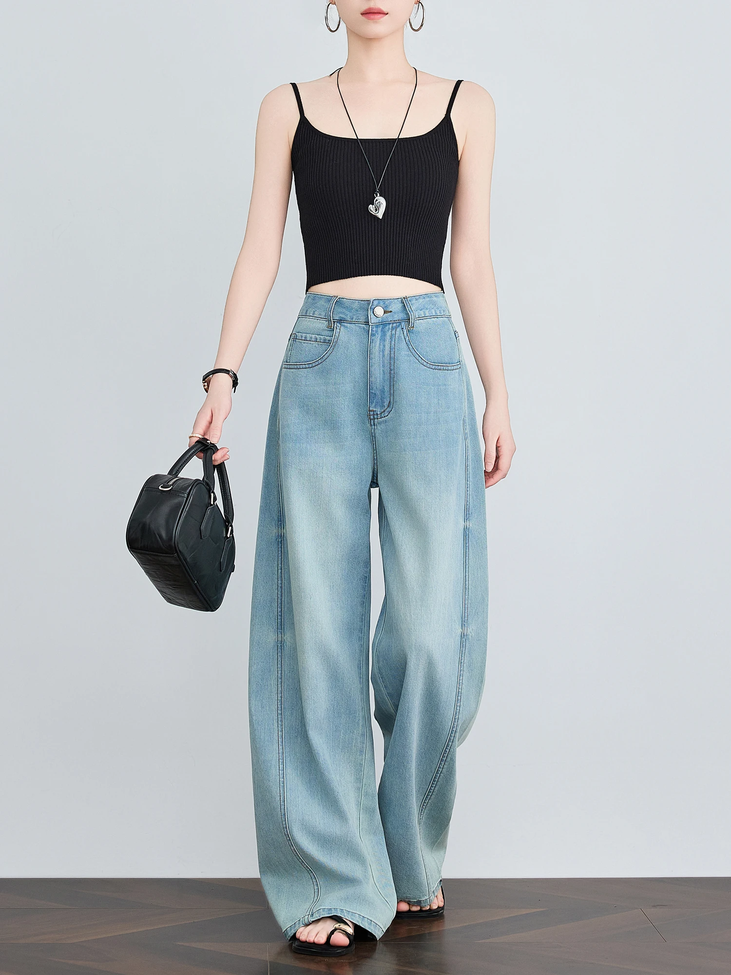 

Свободные джинсы с высокой талией, прямые джинсы в стиле ретро, женские утягивающие брюки длиной до пола, повседневные брюки из смеси хлопка с талией