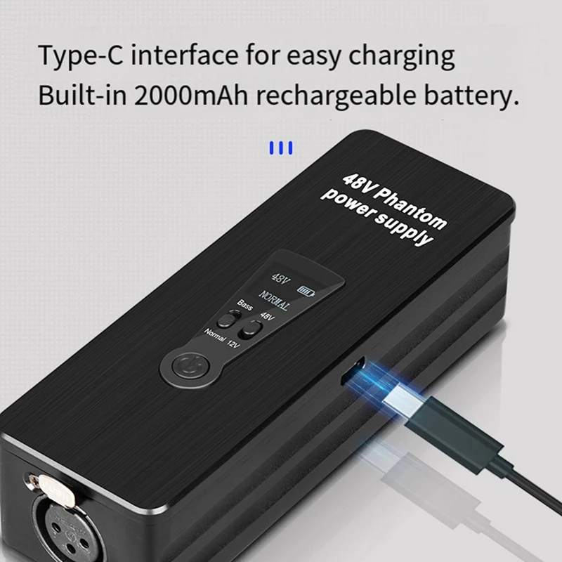 Phantom Power Supply 48V 12V Switch Rechargeable Portable For Condenser Microphones Mic Preamp Record Studio