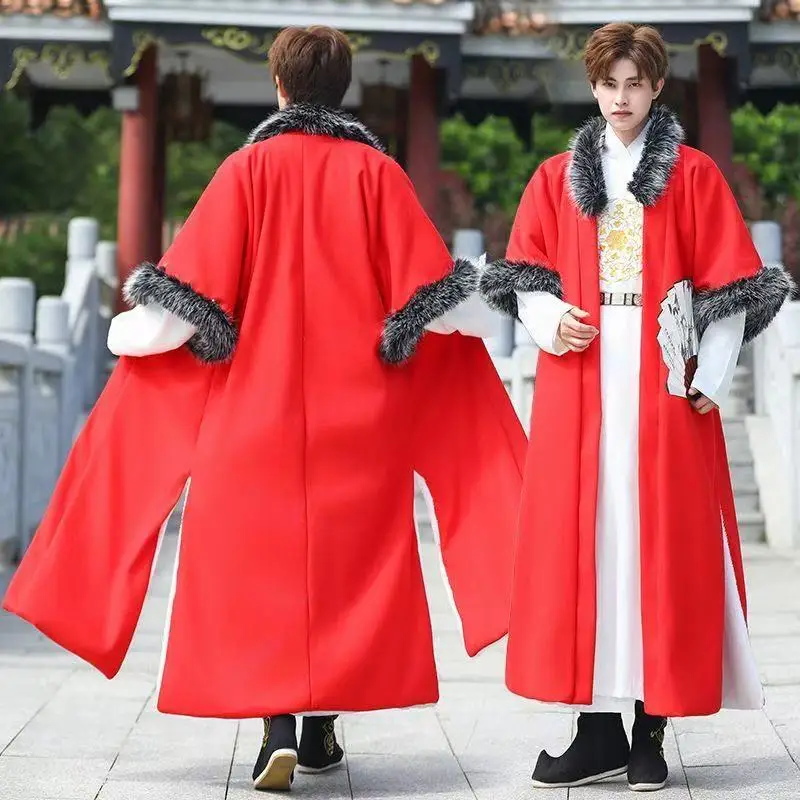 

Winter Men's Hanfu Robe Red Thicken Velvet Detachable Plush Collar Long Qiu Clothing Halloween Cosplay Costume Male Han Cape