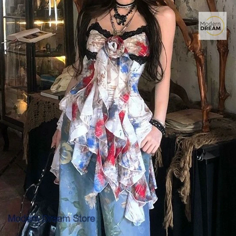 

American spice girl oil painting art printing suspender vest female summer flower sleeveless design irregular splicing lace top