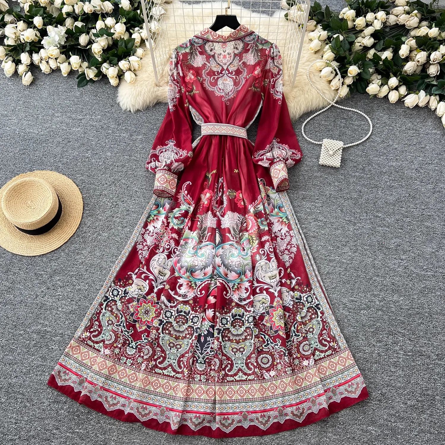 Robe maxi en mousseline de soie à fleurs pour femmes, robe de vacances Boho, col de chemise, simple boutonnage, ceinture imprimée rouge, vêtements longs, printemps, été, nouveau, 2025