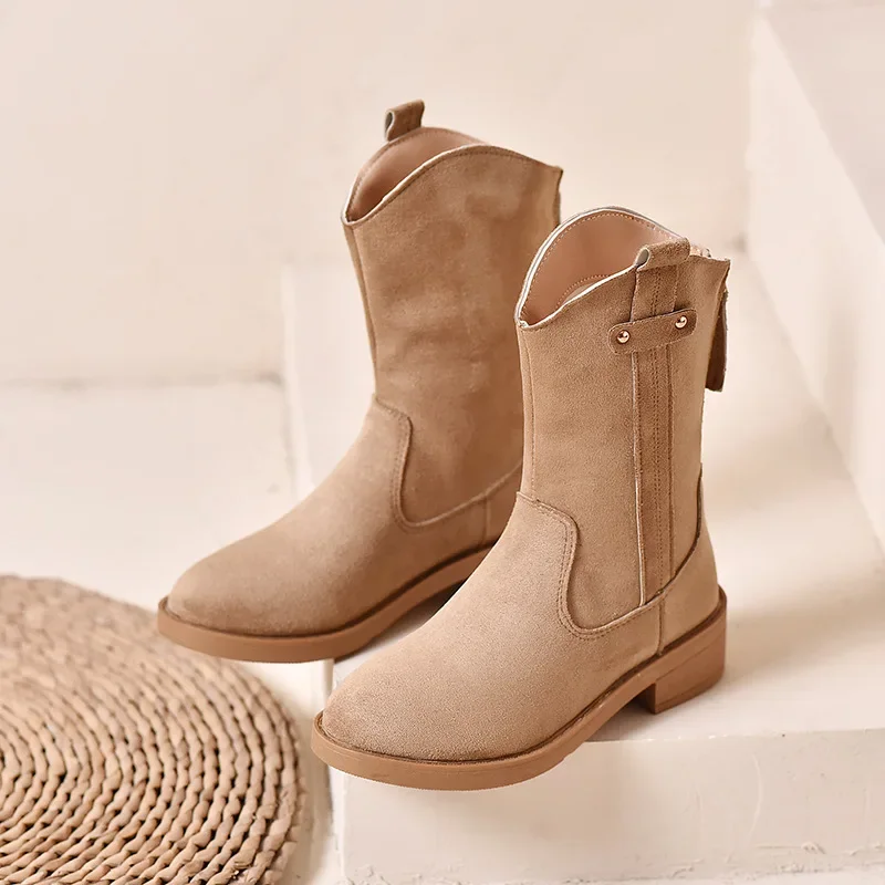 Bottes western mi-mollet en daim pour femme, talon bas épais, chaud, peluche, grande taille 42, rétro, Parker rond, hiver