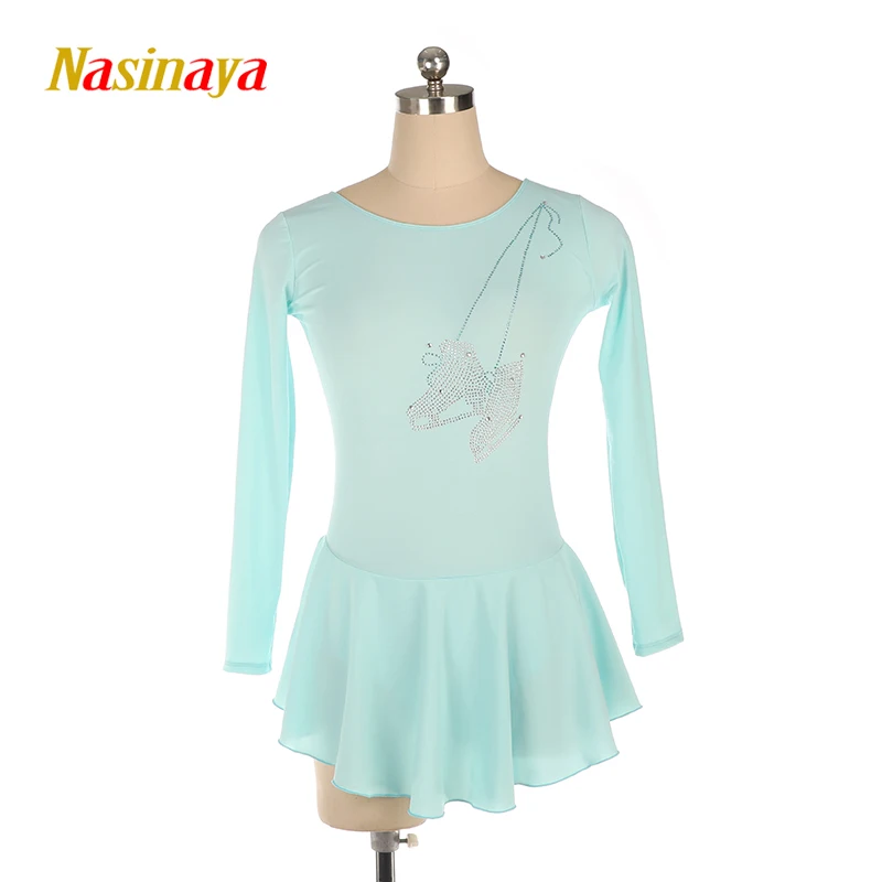 

Figure Skating Costume Dress Ice Skating Skirt for Girl Women Kids Competition light blue long sleeve skates stones 23 Colors