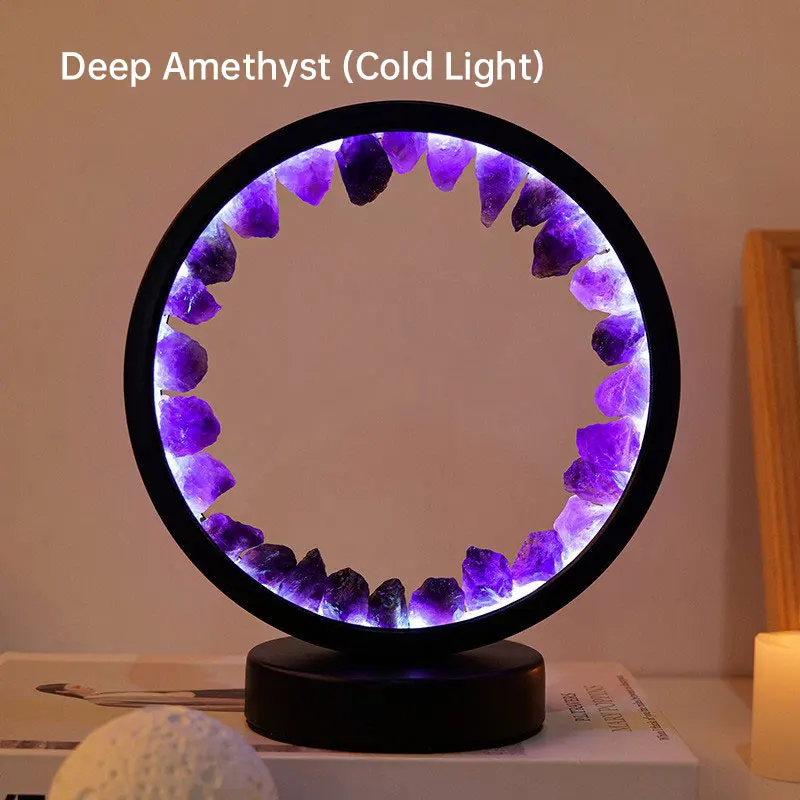 Natural Crystal Annular LED Night Light Bedside Lamp Rechargeable Natural Quartz Stone Amethyst Atmosphere Light Bedroom Deco